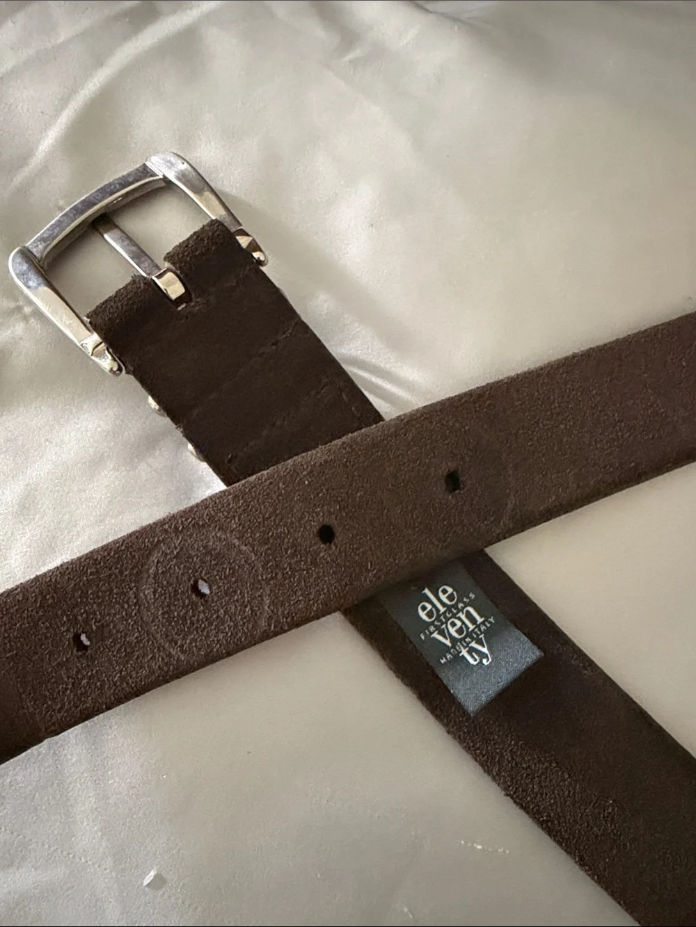 Eleventy Dark Brown Suede Belt with Silver Buckle